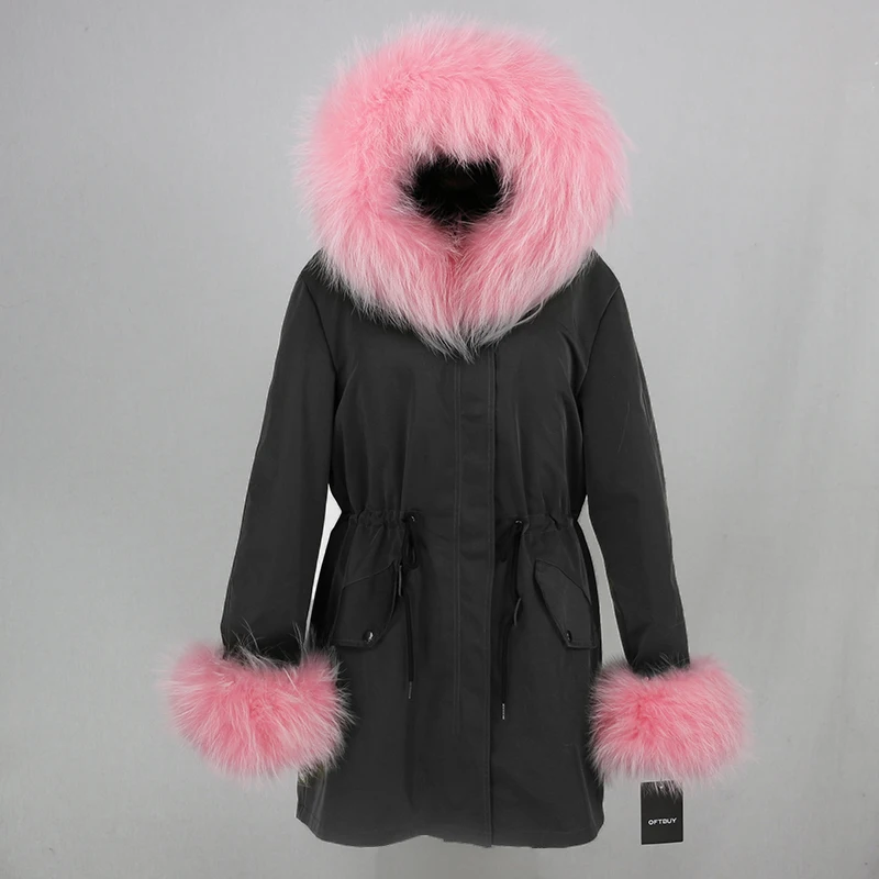 black pink OFTBUY, пальто с натуральным мехом, зимняя куртка, Женская длинная парка, воротник из натурального меха енота, капюшон, Толстая теплая водонепроницаемая верхняя одежда, съемная - Цвет: black pink