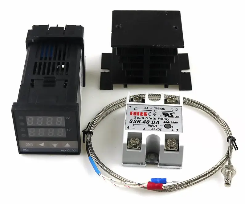 Set 4 black Цифровой 220 в PID REX-C100 регулятор температуры+ Макс. 40 А SSR+ к термопара PID контроллер комплект+ радиатор - Цвет: Set 4 black