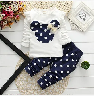 Dark blue Модные комплекты одежды для девочек Детские хлопковые топы с Микки-Маусом и бантом, футболка, леггинсы, штаны Повседневный костюм с Минни для маленьких девочек из 2 предметов - Цвет: Dark blue