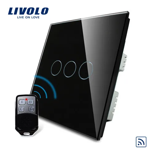 Livolo UK стандартный переключатель, AC 220-250 VL-C303R-61 и VL-RMT-02, 3 цвета кристальная стеклянная панель, беспроводной дистанционный сенсорный переключатель с пультом - Цвет: Black