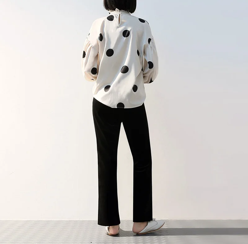 Женская блузка с оборками на воротнике Свободный Топ в горошек длинными рукавами