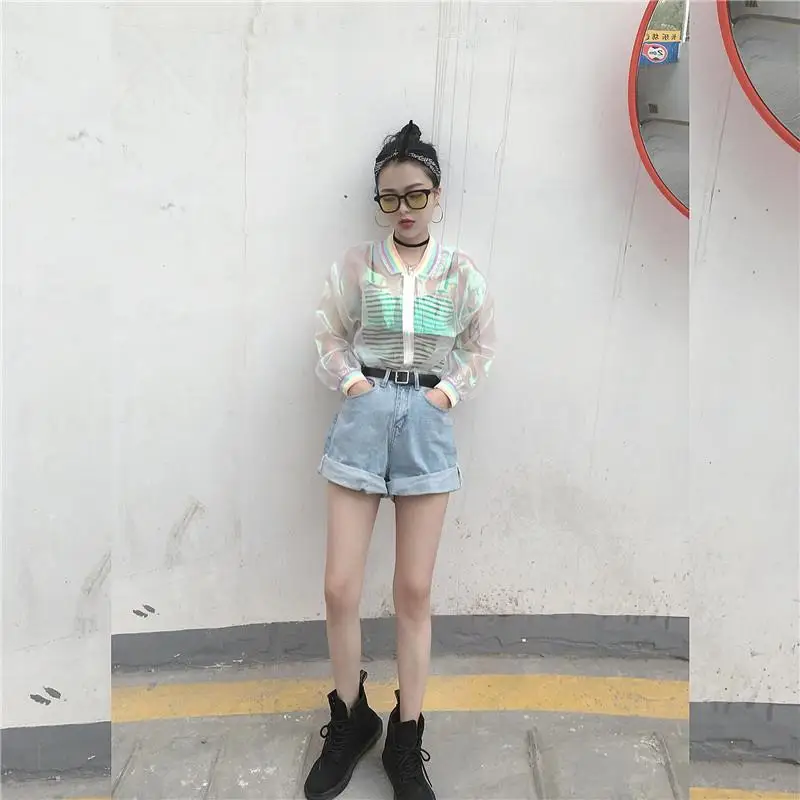 Лето 2017 г. женщина куртка Модные прозрачные красочные Бейсбол Европейский корень