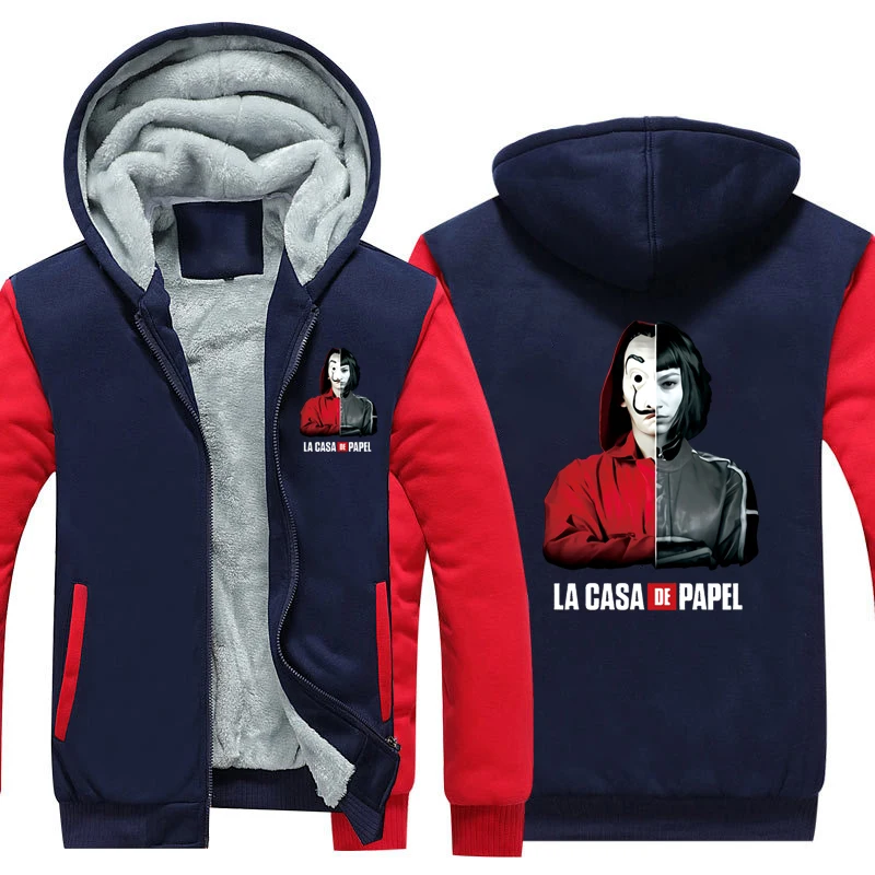 Red2 La casa de papel Thicken Hoodie Coat Money Heist Warm Hoodie Dali Mask La casa de papel Fleece Winter Hoodie - Цвет: Red2