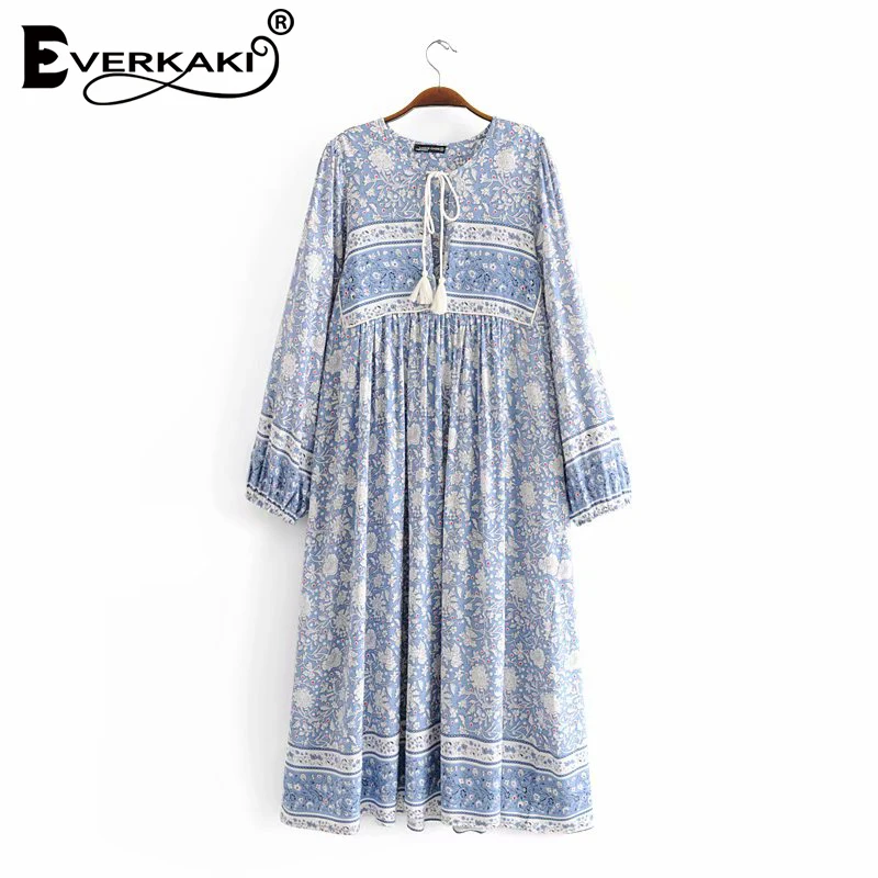 Everkaki Gypsy/длинное платье с принтом для женщин Boho кисточки длинным рукавом синее