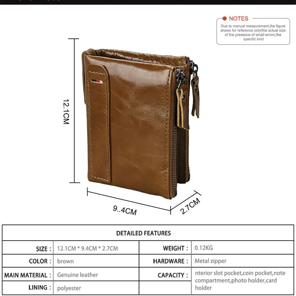 Banabanma Genuine Wallet Cowhide Leather Men Wallets Double Zipper Short Purse Coin Pockets Anti RFID Card Holders Wallet Men 40