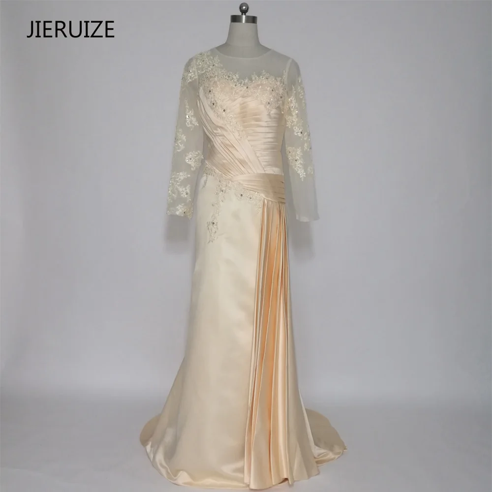 JIERUIZE Champagne Lace Appliques Mermaid Long Evening Dresses Sleeves Mother of the Bride Formal | Свадьбы и торжества
