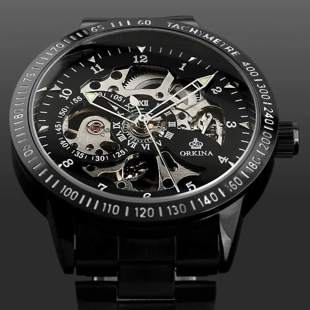 Горячие наручные часы мужские черные из нержавеющей стали с автоматической