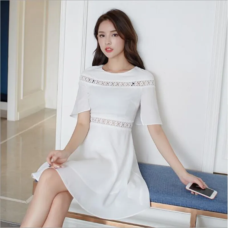 Летнее кружевное шифоновое платье Женская одежда с коротким рукавом высокой