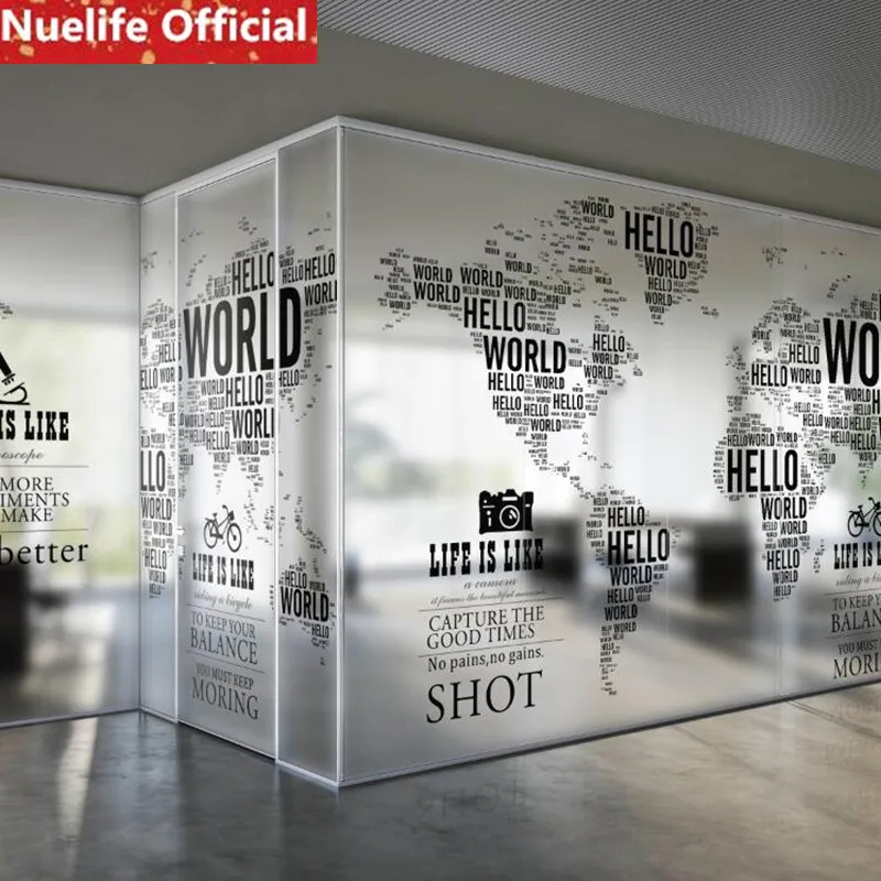 Буквенно-цифровой узор карты мира матовая стеклянная пленка для офиса гостиной