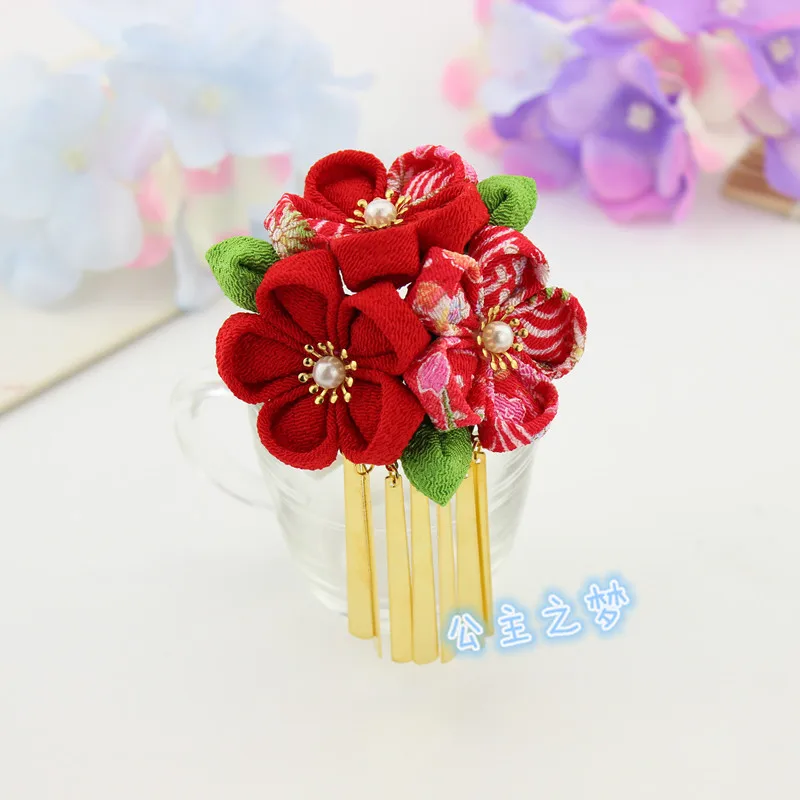 Традиционный японский стиль Kanzashi заколки-крабы для волос Сакура цветок орнамент кисточка ручной работы кимоно юката аксессуар HW005-M - Цвет: Красный