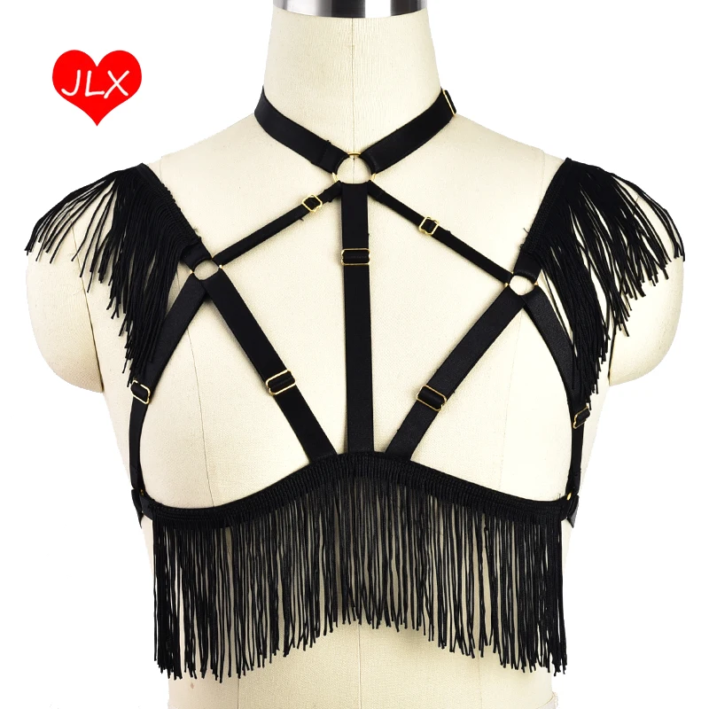 Черный бюстгальтер в стиле 90 х панк с кисточками бондаж бандаж ремни Харадзюку