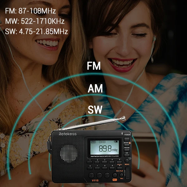 Retekess V115 радио FM/AM/SW мировой диапазон приемник MP3 плеер REC рекордер с таймером сна черный FM радио рекордер F9205A