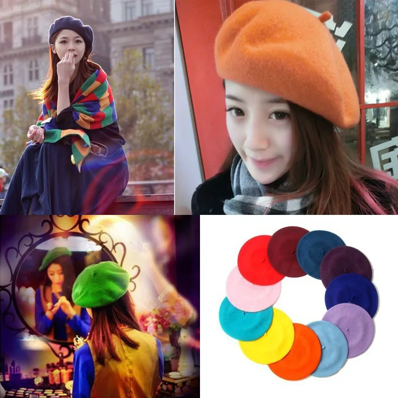 

Hot Sell Fashion New Women Wool Solid Color Beret Female Bonnet Caps Four seasons All Matched Warm Walking Hat Cap 16 Color