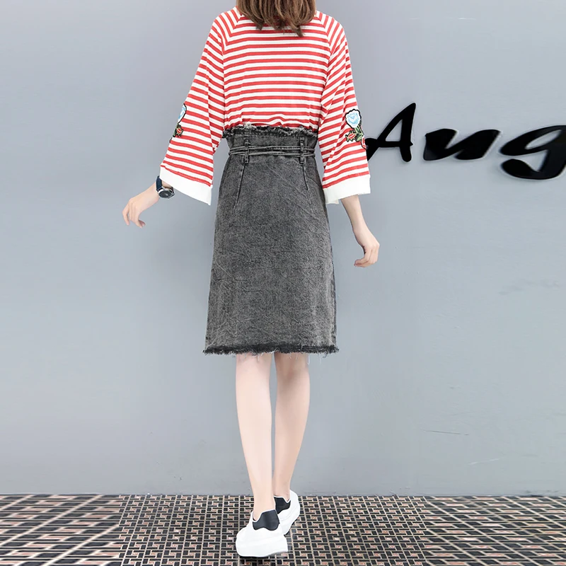 2018 Весенняя женская мода для отдыха большой размер свободная полосатая футболка