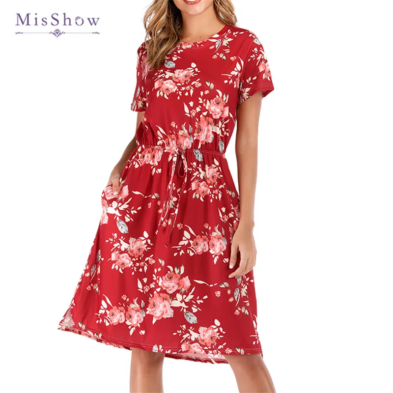 

MisShow Summer Casual Floral Women Vintage Bohemian Beach Dress Sundress Pocket Elastic Waist A Line Dresses