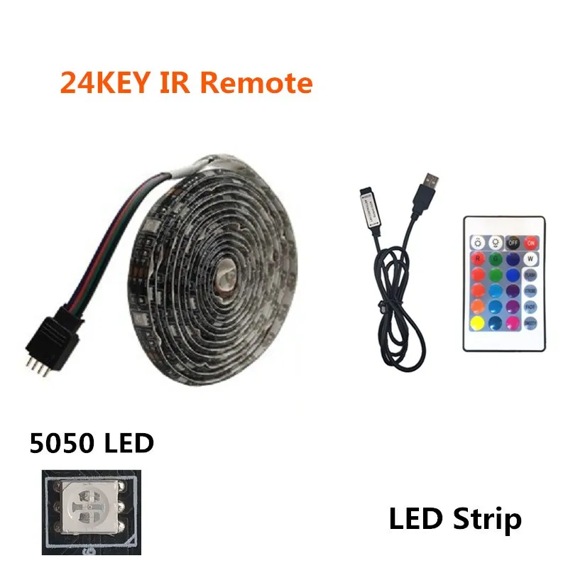 24Key IR Remote DC5V USB светодиодный полосы 5050 RGB/RGBW Белый свет, 50 см, 1 м, 2 м, ТВ фонового освещения flexibe светодиодный клейкая лента IP20/IP65 из водонепроницаемого материала - Испускаемый цвет: 24Key IR Remote