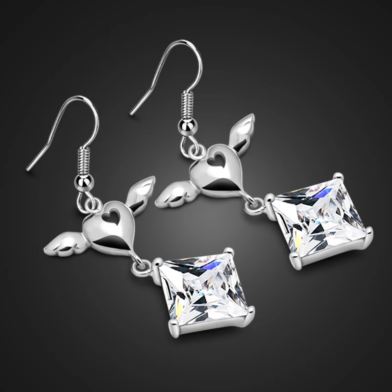 

New Fashion Design Angel Wings Earrings. 925 sterling silver woman long earrings. Charm shiny zircon earrings jewelry lady gift