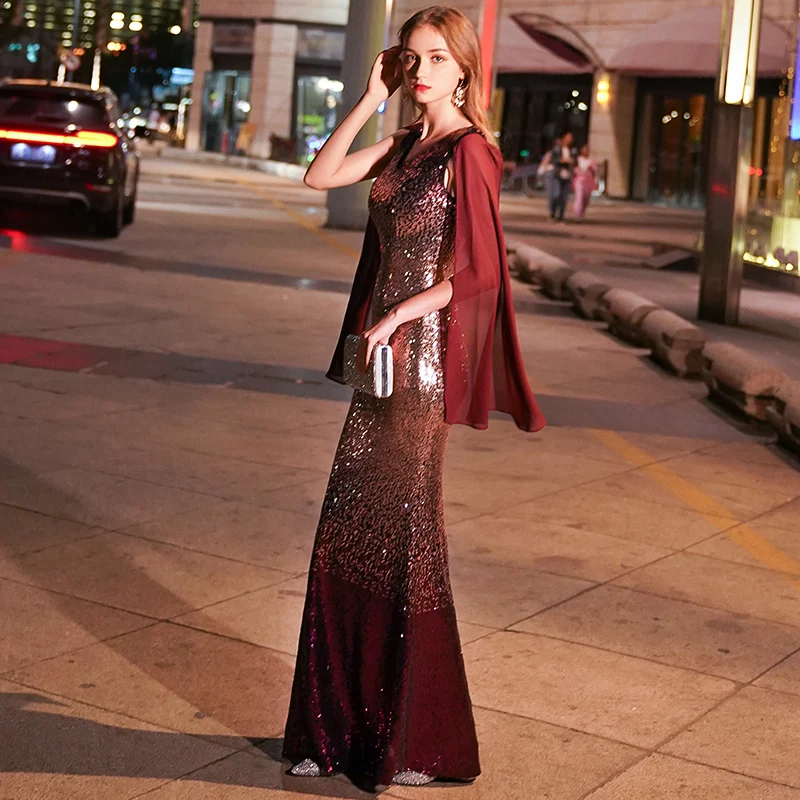 weiyin Wine Red Evening Dresses Long 2020 Sexy V-neck Sleeveless Sparkle Mermaid Sequin Gowns WY938 | Свадьбы и торжества