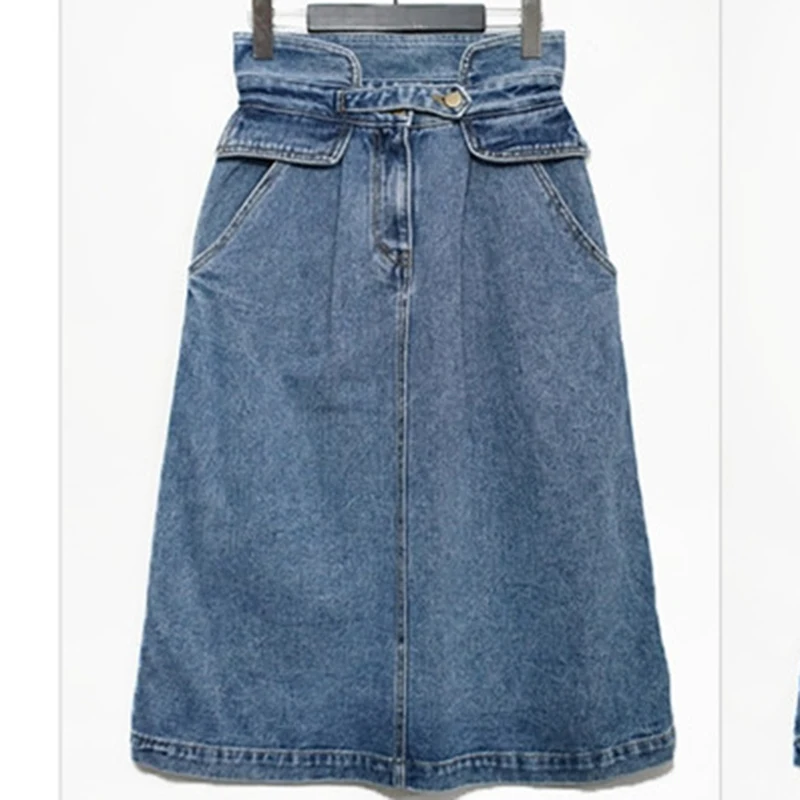 Женская джинсовая юбка средней длины с завышенной талией и пуговицами|Женские