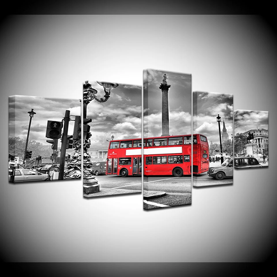 

HD Printed Modern Painting On Canvas 5 Panel City Scenery Red Bus Modular Picture Wall Art Home Decoration Posters Frame Bedroom