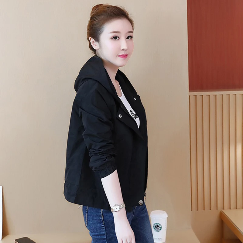 2020 Spring Autumn Women's Windbreaker Jacket Long-sleeved Loose Casual Hooded Plus Cotton Short Coat Outerwear Size W92 | Женская