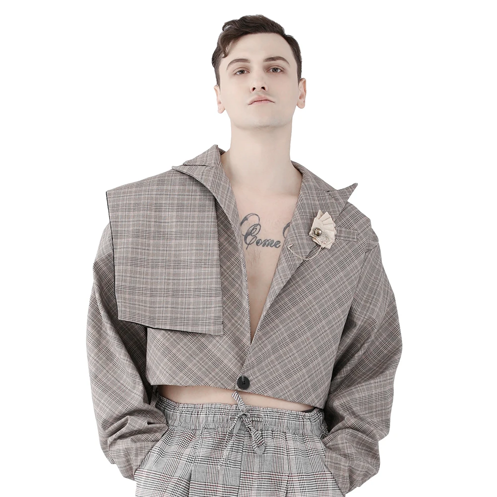 

Men's Casual Coats Loose Plaid Jackets Fashion High Quality Short Hip Pop Single Button Special Collocation