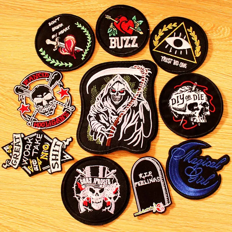 DIY Punk Skull Patch Embroidered Patches For Clothing Iron On Patches On Clothes Rock Hippie Patch Biker Badges Black Applique