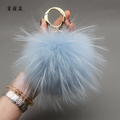 baby blue Роскошный бренд 15 см Пушистый натуральный шарик из меха лисы помпоны меховой помпон шар брелок для автомобиля брелок металлическое Кольцо Подвеска для женщин F281 - Цвет: baby blue