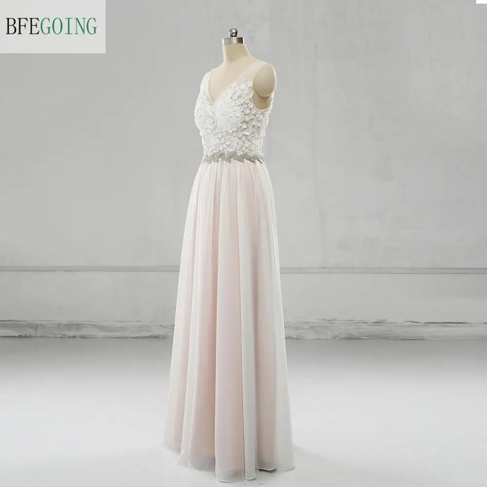 White Lace Appliques Chiffon Satin V-Neck Sleeveless A-Line Floor-Length Wedding Dresses Custom Made Bridal Gown | Свадьбы и
