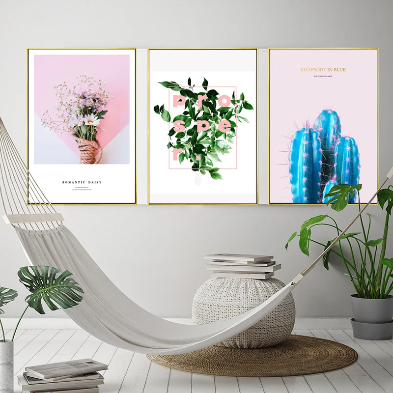 Nordic Spray Color Plant Blue Cactus Canvas Painting Flowers Pink Beach Sea Poster Modern Abstract Wall Picture Room Decoration | Дом и сад