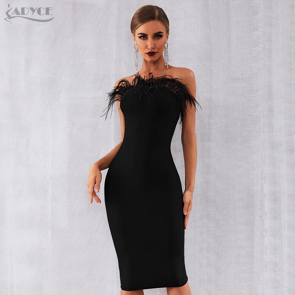 Adyce, новинка, летнее женское Бандажное платье, Vestidos, сексуальное, с черными перьями, без рукавов, без бретелек, бодикон, Клубное, знаменитостей, вечерние платья