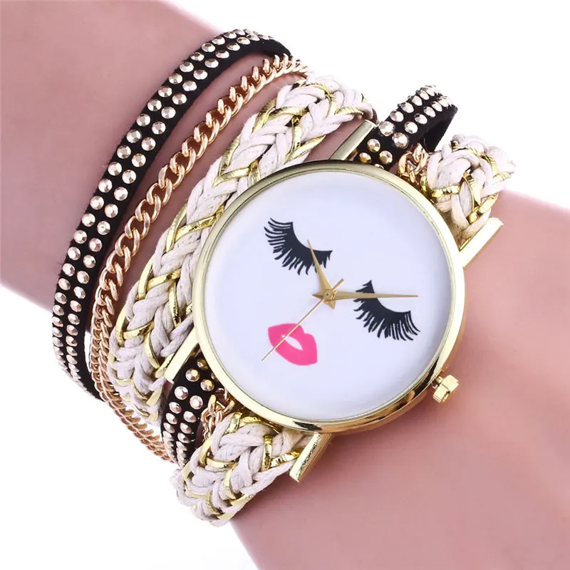 Модные Золотые женские часы браслет Заклёпки кожа сонные глаза красивые