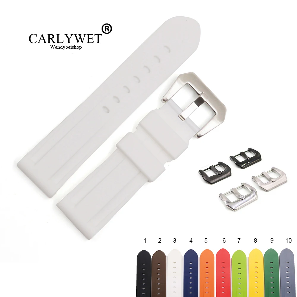 

CARLYWET 22 24 мм Оптовая Продажа Белый Черный Коричневый водонепроницаемый силиконовый резиновый сменный ремешок для часов с петлями для Panerai ...