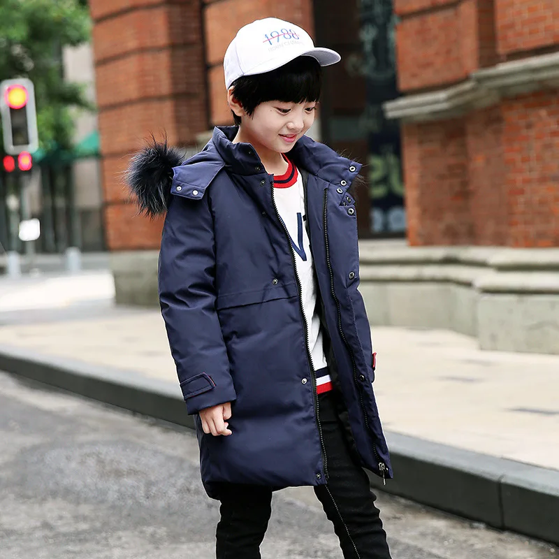 Детские зимние пуховики для мальчиков длинное пальто с капюшоном парка детей 8 10