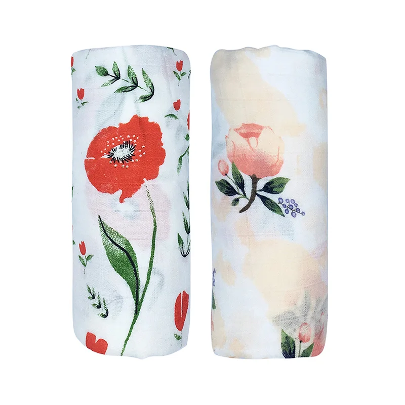 Red and Pink Flower Комплект из 2 предметов, мягкое бамбуковое хлопковое детское одеяло, муслиновое Пеленальное Одеяло, 30% хлопок, 70% бамбук, для новорожденных, бамбуковое муслиновое одеяло, s Марлевое одеяло для ванны - Color: Red and Pink Flower