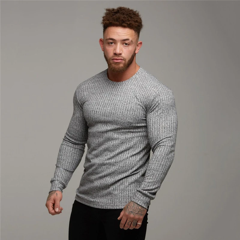 2019 Осенняя мода Мужская футболка свитер с круглым вырезом облегающая