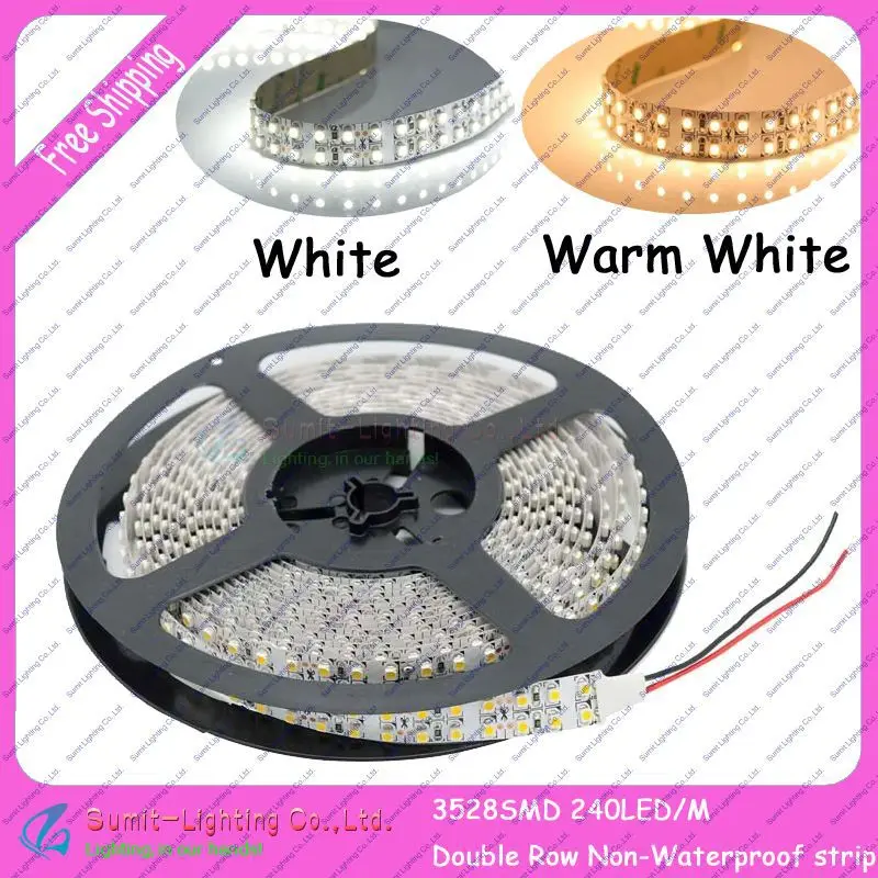 

5M/Roll 1200LEDs 3528SMD DC12V 240led/m Double Row Flexible LED Strip Non-Waterproof, white/warm white Color Available