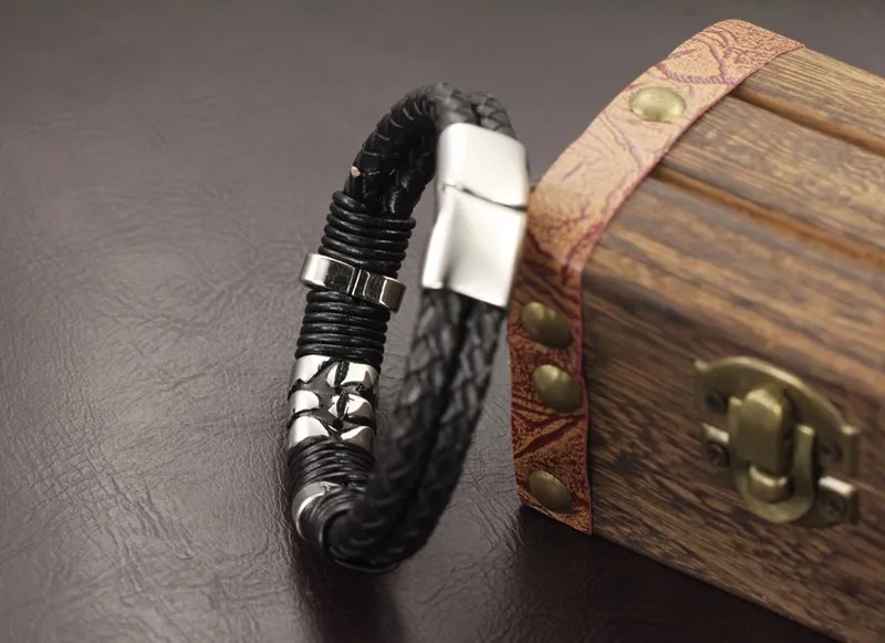 Mozo Мода Горячие Марка Винтаж Jewelry Для Мужчин's Браслеты черный кожаный веревку цепи Нержавеющая сталь Магнитной Застежкой Браслета mph944