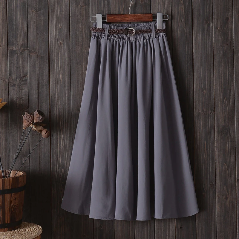 

Ladies High Waist Pleated A-line School Skirt Summer Knee Length Skirt Women With Belt Fashion Korean Female