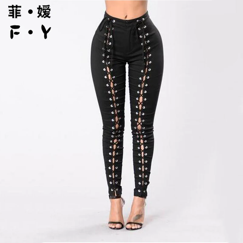 

2018 New Summer Spring Women Fashion Slim Trousers Skinny Solid Lace Up Pencil Haroun Pants Hole Hollow Out Sexy Bind Bottoms
