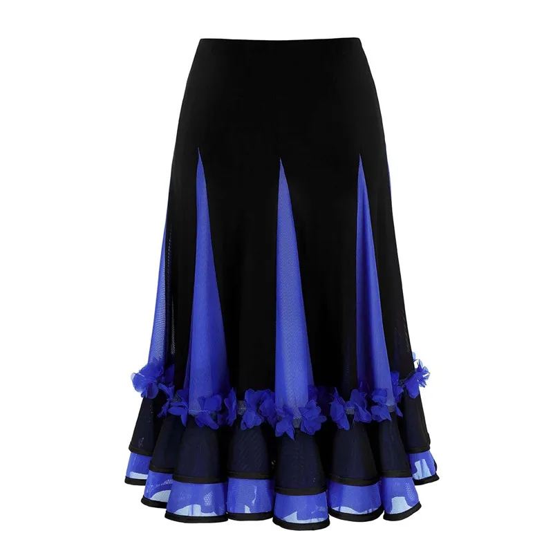 Royal Blue Женская элегантная юбка для латинских танцев с высокой талией 3D Искусственные цветы цвета с сетчатыми вставками Пышная юбка бальное платье, для вальса танцевальная одежда для вечеринки - Цвет: Royal Blue