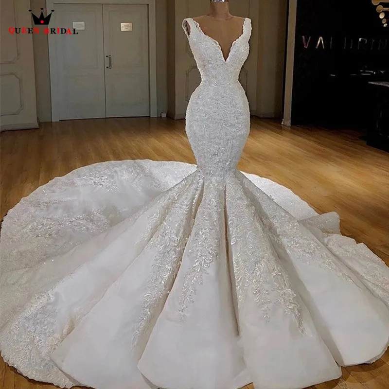 Custom Made Mermaid V-neck Big Train Tulle Lace Appliques Luxury Vintage Sexy Wedding Dresses 2021 New Wedding Gown NY75