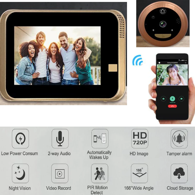 Wi Fi Smart глазок видео дверные звонки мобильного телефона беспроводной домофон 720P HD Безопасности 166 градусов камера обнаружения движения