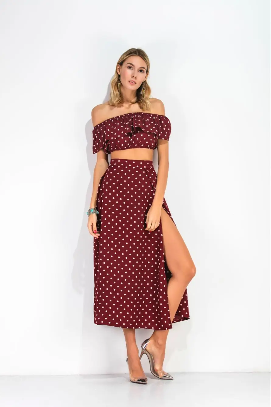 

Женский винтажный комплект из 2 предметов, Красная Шифоновая Блузка с открытыми плечами и длинная юбка с оборками и принтом в горошек, летни...