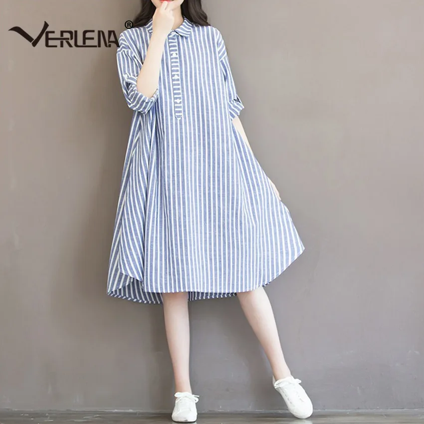 Verlena 2018 Plus Size White Stripe Summer Dress Line Button in Front Curved Hem Loose Women Linen Vestidos Knee Dresses | Женская
