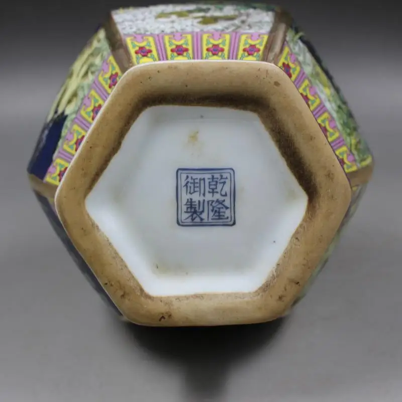 Qing Qianlong антикварная синяя керамическая ваза с эмалью шестиугольная цветком