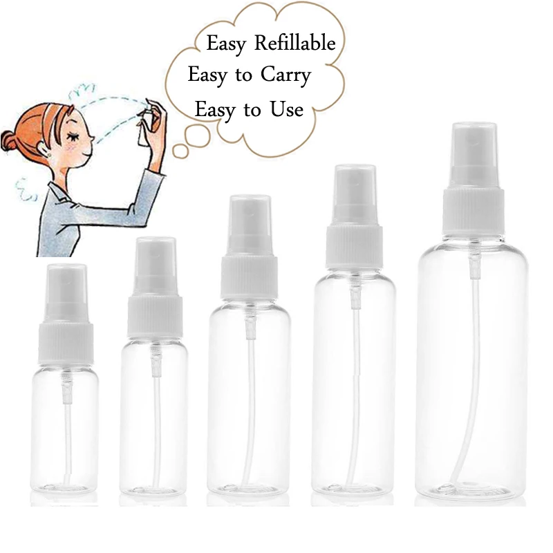 

5pcs 10ml 30ml 50ml 60ml 100ml Clear Plastic Portable Spray Bottle Empty Perfume Vial Refillable Mist Pump Atomizer
