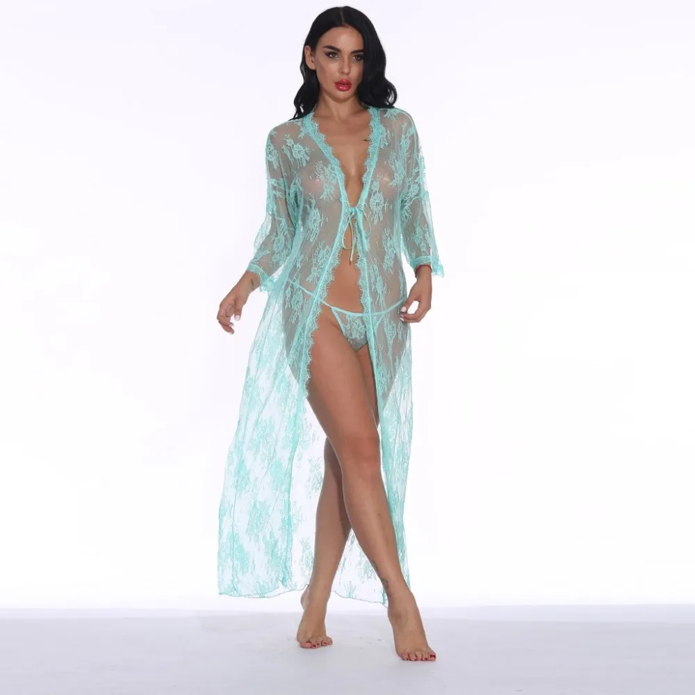Женское Сексуальное белье Babydoll, эротический халат, ночная Пижама с тонкими прозрачными длинными рукавами, кружевное ночное белье, ночной кардиган, Халат