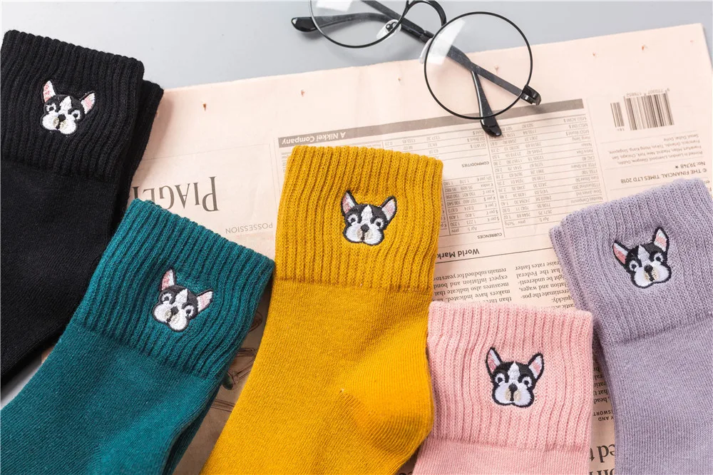 CHAOZHU Women Cute French Bulldog Embroidery Grey Green Pink Black Yellow Five Colors Cotton Knitting Winter Autumn Warm Socks