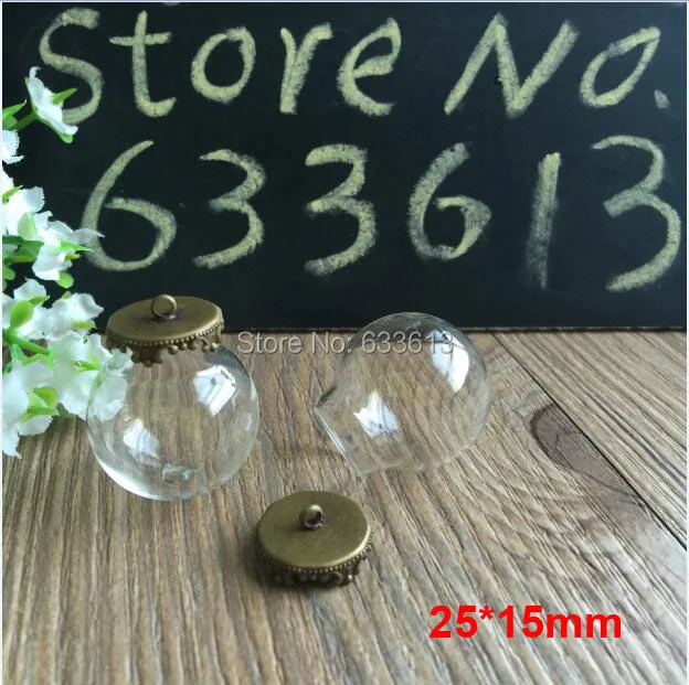 

30sets/lot 25*15mm Glass Globe bronze Crown with ring Pendant Locket Charm wide opening glass Bottle, glass vials pendeants